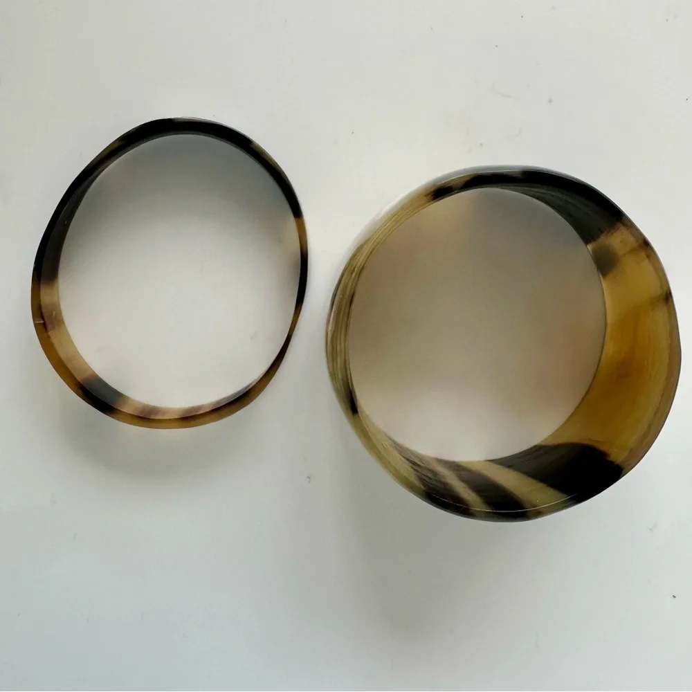 2 Vintage Natural Horn Bangle Handcrafted Bracelets, Brown Beige Black, Set